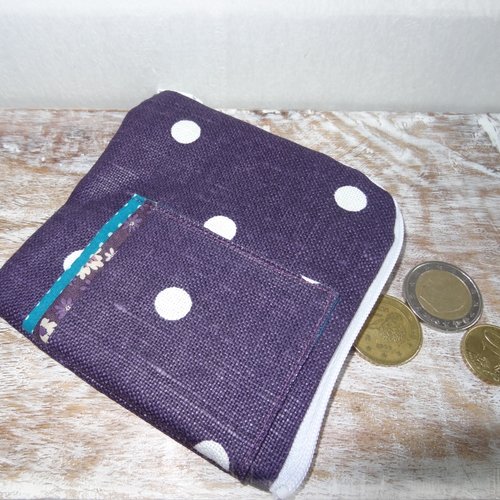 Porte-monnaie violet à pois blanc, carré en coton enduit