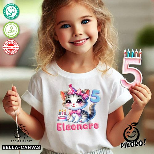 T-shirt personnalisé enfants bébé anniversaire, garçon et fille chaton, colorée, multicolore, rose, mauve, bleu