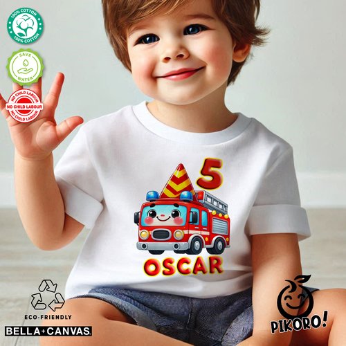 T-shirt personnalisé enfants bébé anniversaire, garçon et fille pompier, colorée, multicolore, rouge, bleu