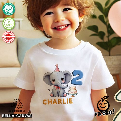 T-shirt personnalisé enfants bébé anniversaire, garçon et fille éléphant, colorée, gris, bleu