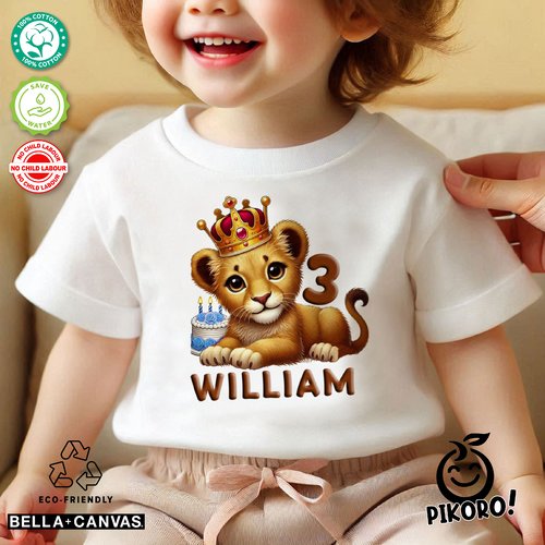 T-shirt personnalisé enfants bébé anniversaire, garçon et fille lion roi mignon coloré, brun, doré