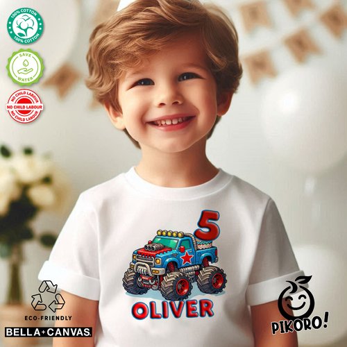 T-shirt personnalisé enfants bébé anniversaire, garçon et fille monster truck coloré, bleu, rouge