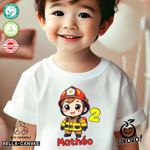 T-shirt personnalisé enfants bébé anniversaire, garçon et fille pompier coloré, or