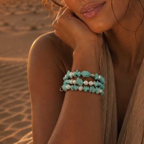 Bracelet bohème multi rang turquoise et perles de culture