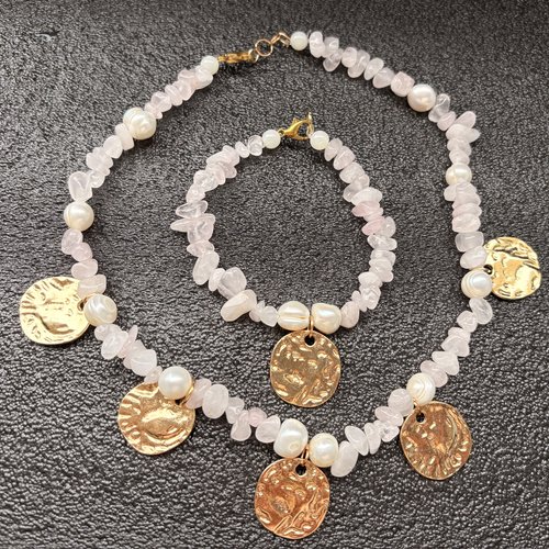 Parure collier et bracelet perles et quartz rose