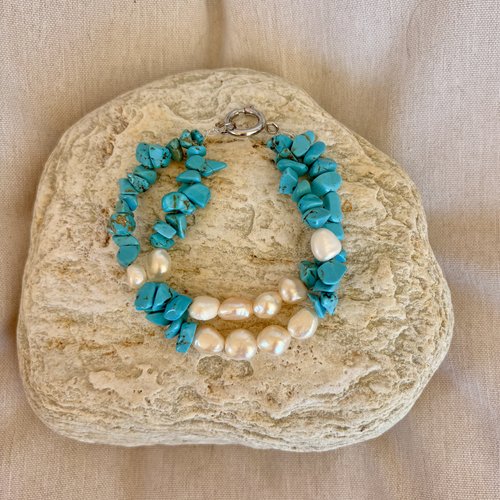Bracelet double rang turquoise et perles de culture