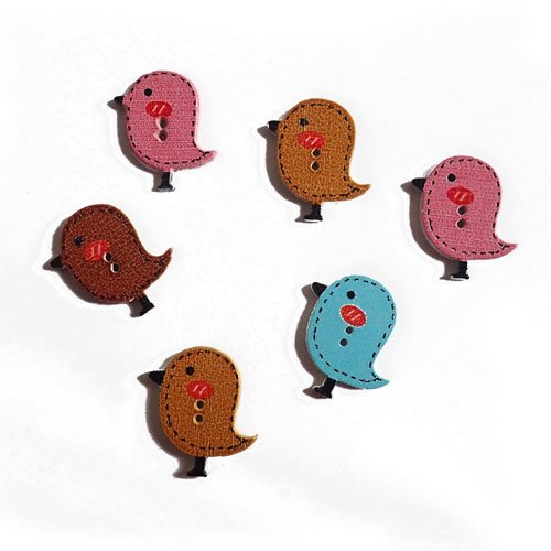 Boutons oiseaux en bois x6