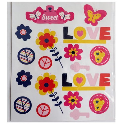 Stickers peace and love rose jaune rouge violet x 18