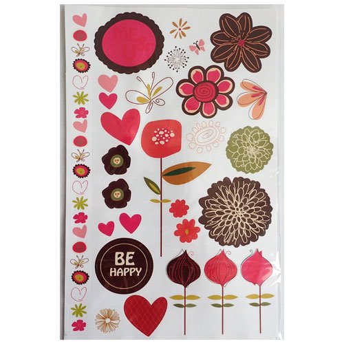 Stickers be happy fleurs rouge et marron x28