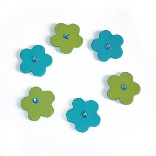 Fleurs vertes et bleues avec strass x 6