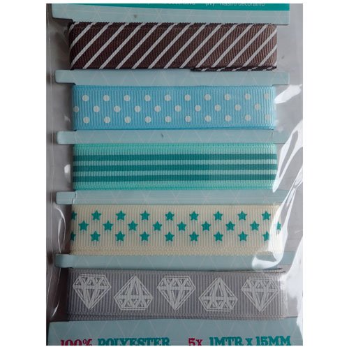 Rubans assortiment de 5 de15 mm x 1m bleu, vert, gris