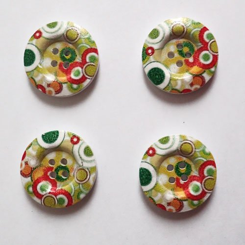 Boutons en bois cercles rouge vert x 4