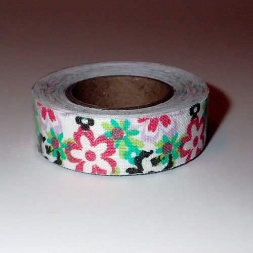 Masking tape tissu fleurs fuschia vert 1,5 cm x 3,5 m