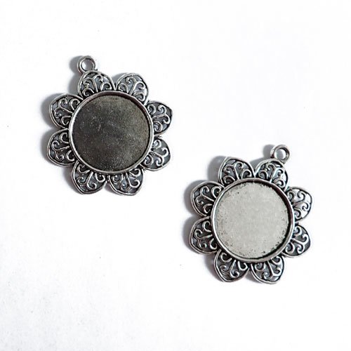 Supports pour cabochon 25 mm argenté floral x2