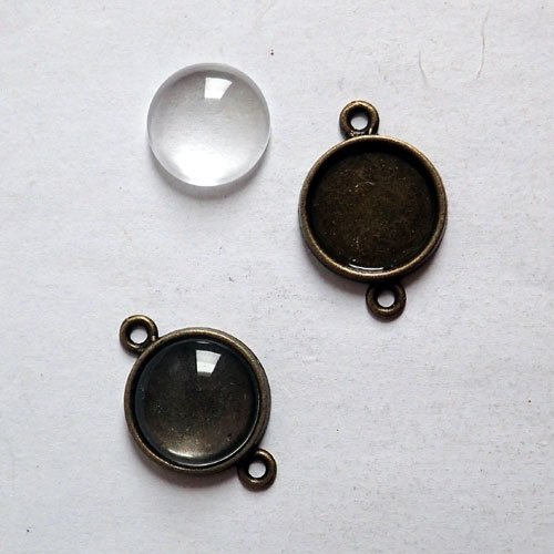 Connecteurs pour cabochon 14 mm bronze avec dôme de verre x2