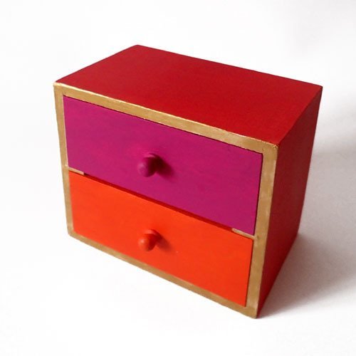 Support bois boîte à tiroirs orange et fuchsia