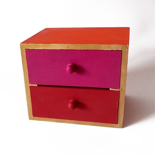 Support bois boîte à tiroirs rouge et fuchsia