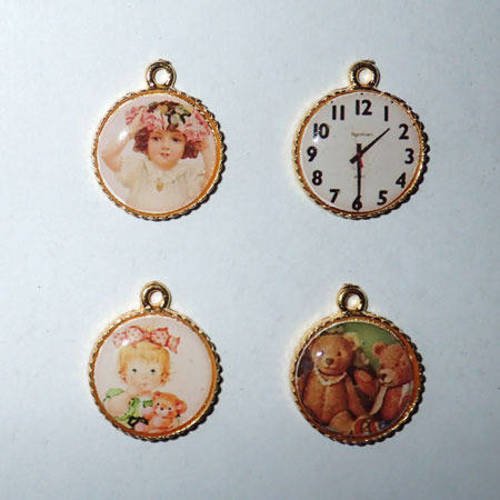Breloques pendentifs cabochons ours, fillettes, horloge vintage