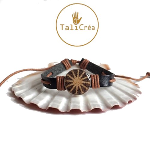 Bracelet cuir rayons jaunes sur marron