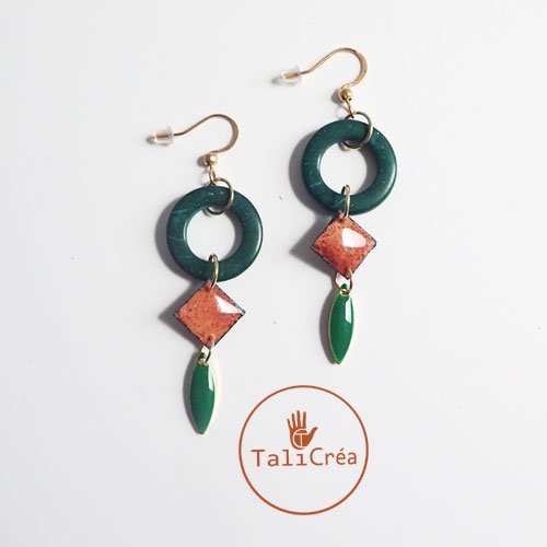 Boucles d'oreilles donut coco vert et carrés de sable rouge