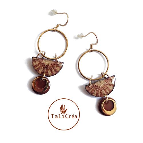 Boucles d'oreilles anneaux dorés et sable rouge et jaune