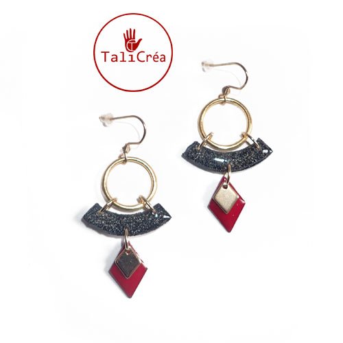 Boucles d'oreilles dorées noir et rouge