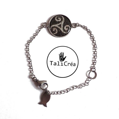 Bracelet en acier argenté triskel blanc sur noir