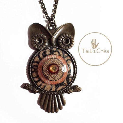 Collier chouette bronze cabochons de sables superposés noirs jaunes roses marron