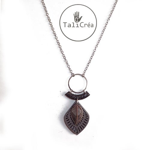 Collier sautoir acier et sable noir