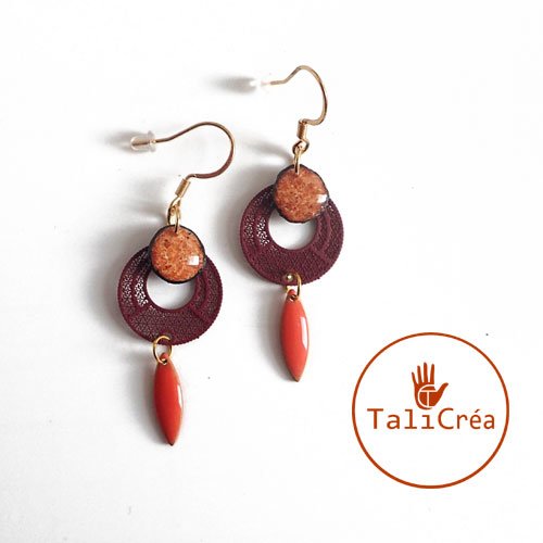 Boucles d'oreilles bordeaux et sable orange