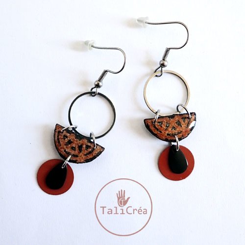 Boucles d'oreilles argentées tons rouille et noir