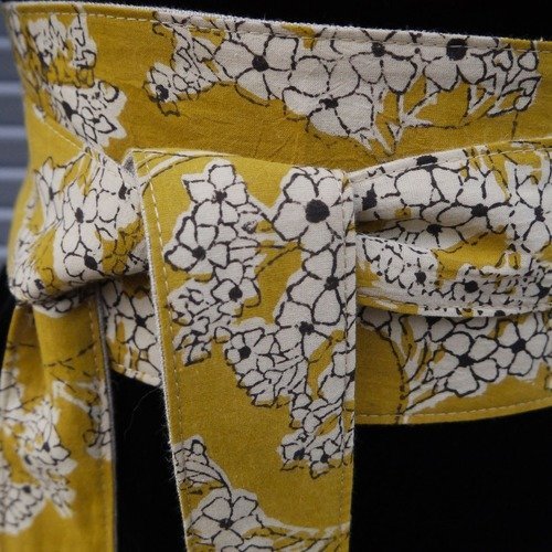 Ceinture obi tissu, coton indien, style japonisant, fond jaune moutarde réversible lin couleur naturel - style ceinture de kimono japon