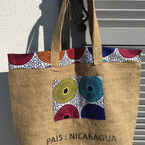 Sac cabas, toile de sac à café recyclé nicaragua ou autre inscription et wax - réversible bleu
