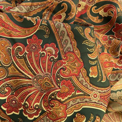 Très grand carré de twill de soie, motifs cachemire, châle en soie, fond vert foncé et motifs bronze