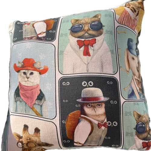Coussin pour enfant, animaux aux traits de personnages, chien, chat, girafe...