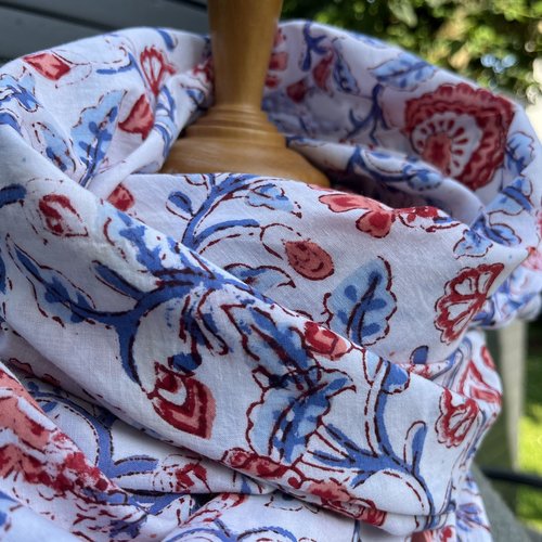 Foulard carré, grand bandana en coton indien léger, imprimé main, block print
