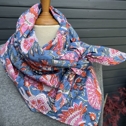 Foulard carré, grand bandana en coton indien léger, imprimé main, block print