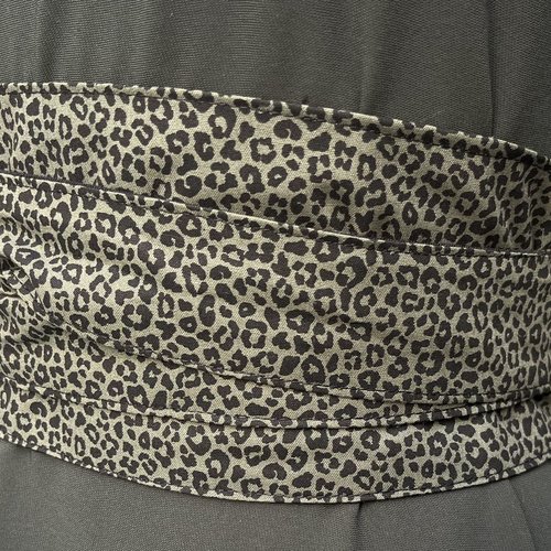Ceinture tissu style obi, réversible,  fond vert foncé et motif léopard, réversible, 2 ceintures en 1