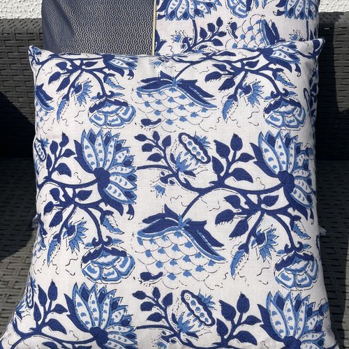 Housse de coussin, coton block print et piqué blanc, modèle unique, 40 x 40