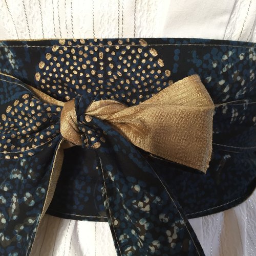 Ceinture obi tissu, soie et coton, réversible, coton block print bleu et doré réversible doré