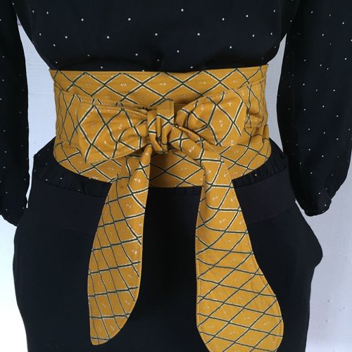 Ceinture obi tissu, jaune moutarde , losanges surlignés de doré, réversible jaune moutarde, style japon, kimono