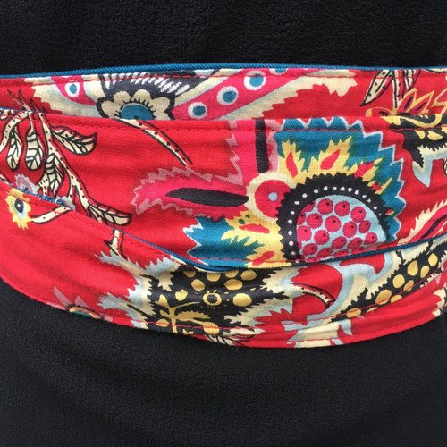 Ceinture obi tissu, coton indien, style japonisant, fond rouge, réversible bleu canard, style ceinture de kimono japon