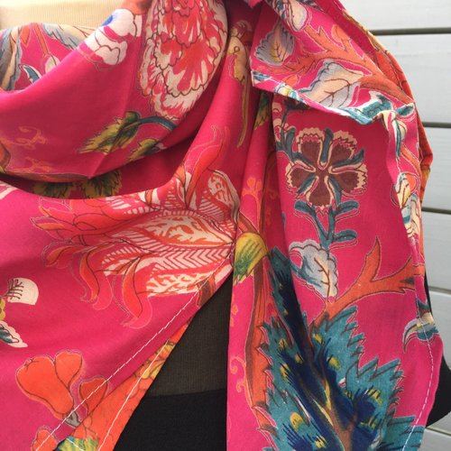 Grand Foulard Carré Anne Paris En Voile De Coton - Motif Floral Avec Oiseau - 140x140 Cm - Neuf Sans étiquette