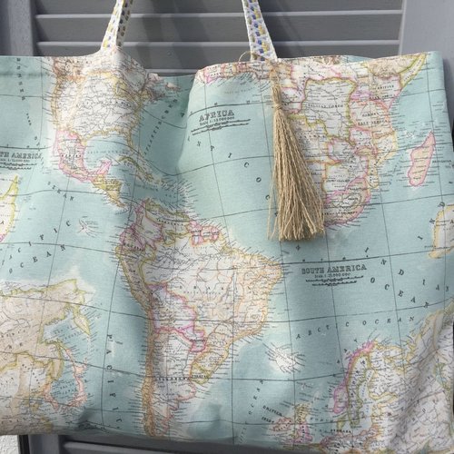 Maxi tote bag, map monde, fond bleu, sac de plage familial, xxl, carte du monde