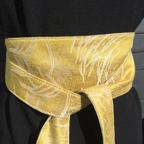Ceinture tissu obi, réversible lin naturel, ceinture style kimono, doré et feuillage blanc cassé, style ceinture japon