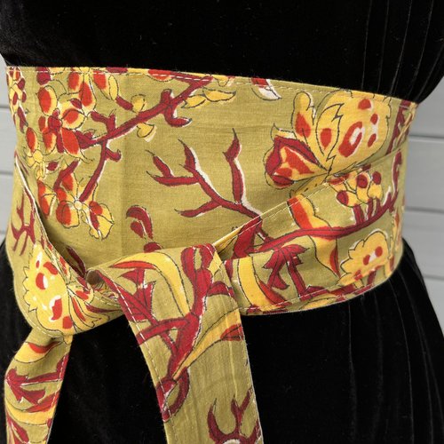 Ceinture obi style japonaise,  tissu indien block print, rouge, moutarde.. ceinture kimono - réversible uni lin naturel