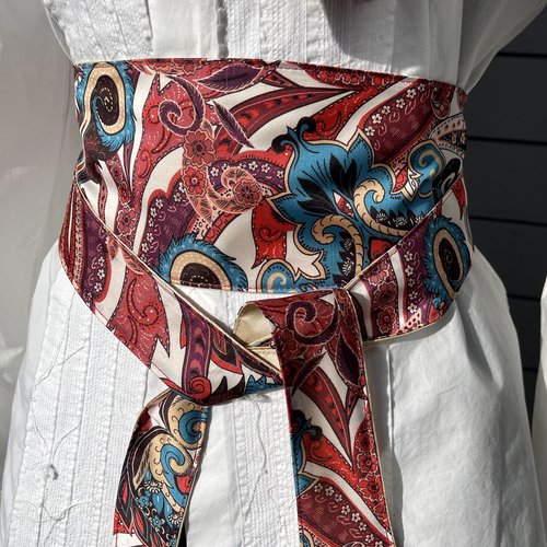 Obi, style japonais, ceinture obi style kimono, motifs cachemire blanc rouge bleu, 2e face doré clair