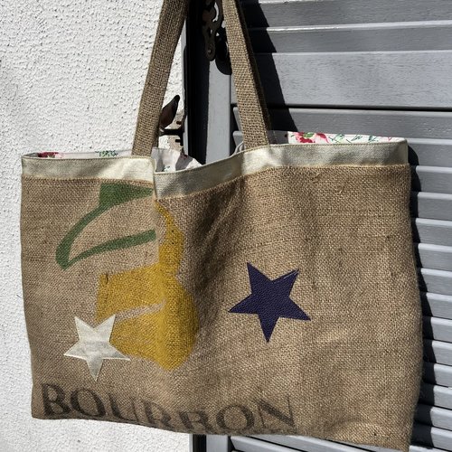 Grand sac cabas, sac de plage ou sac de loisirs, toile de sac à café recyclé réversible coton libertys
