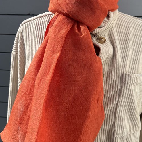 Long foulard chèche en étamine de lin, orange, paréo ou sarong