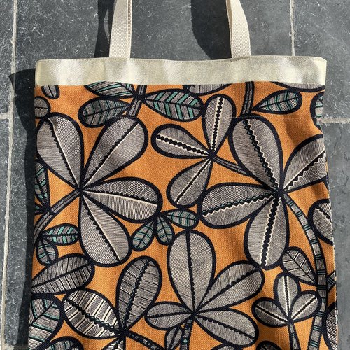 Sac cabas sac de plage, sac à provision sac shopping, toile épaisse fond orange et feuillages noirs et verts